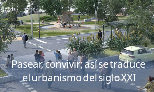 Muestra un entorno urbano ideal, libre de atascos, donde peatones y ciclistas comparten una avenida verde y luminosa. Refleja perfectamente los conceptos del proyecto europeo URBACT de urbanismo sostenible.